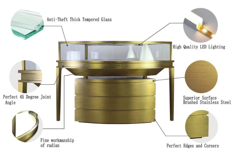 Jewelry 20260503 luxury gold jewelry display cabinet details - anti-theft tempered glass, LED lighting, brushed stainless steel finish
