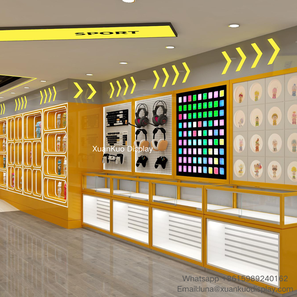 vibrant bright yellow toy store display furniture set, backlit segmented recessed niche wall cabinets for dolls and figurines, perforated pegboard hanging panel for headphones, hexagonal embedded display niches, glass top retail display counters with drawer storage base for kids toy & gift boutique