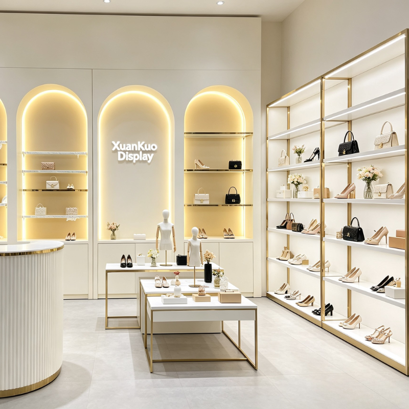 light luxury custom shoe display furniture set, cream arched backlit wall niches, gold metal frame multi-tier display shelving, layered white central display tables, fluted curved reception counter, complete fixture for women footwear and handbag boutique