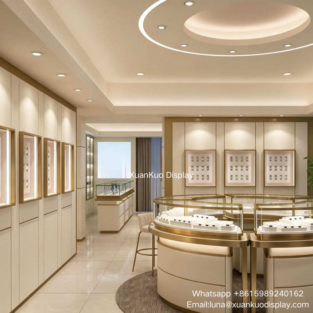 cream gold light luxury jewelry showroom design, curved gold frame glass jewelry island showcases, backlit wall-mounted jewelry display frames, leather wrapped cabinet base, systematic interior layout for diamond, gemstone and watch jewellery boutique