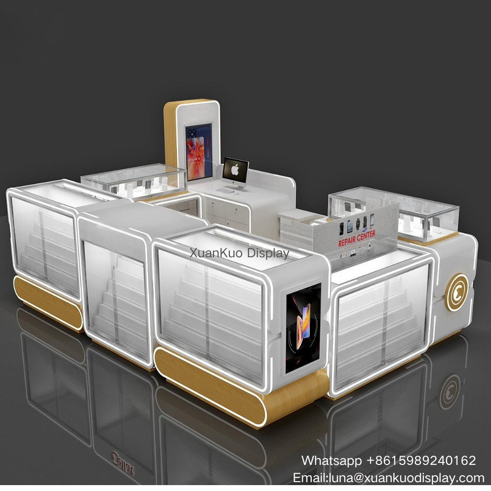 modern electronics retail kiosk for shopping mall, white & light wood trim, curved tempered glass display cabinets with LED light strips, multi-layer inner shelves, built-in cellphone repair service counter, digital advertising screen for mobile phone & gadget accessories