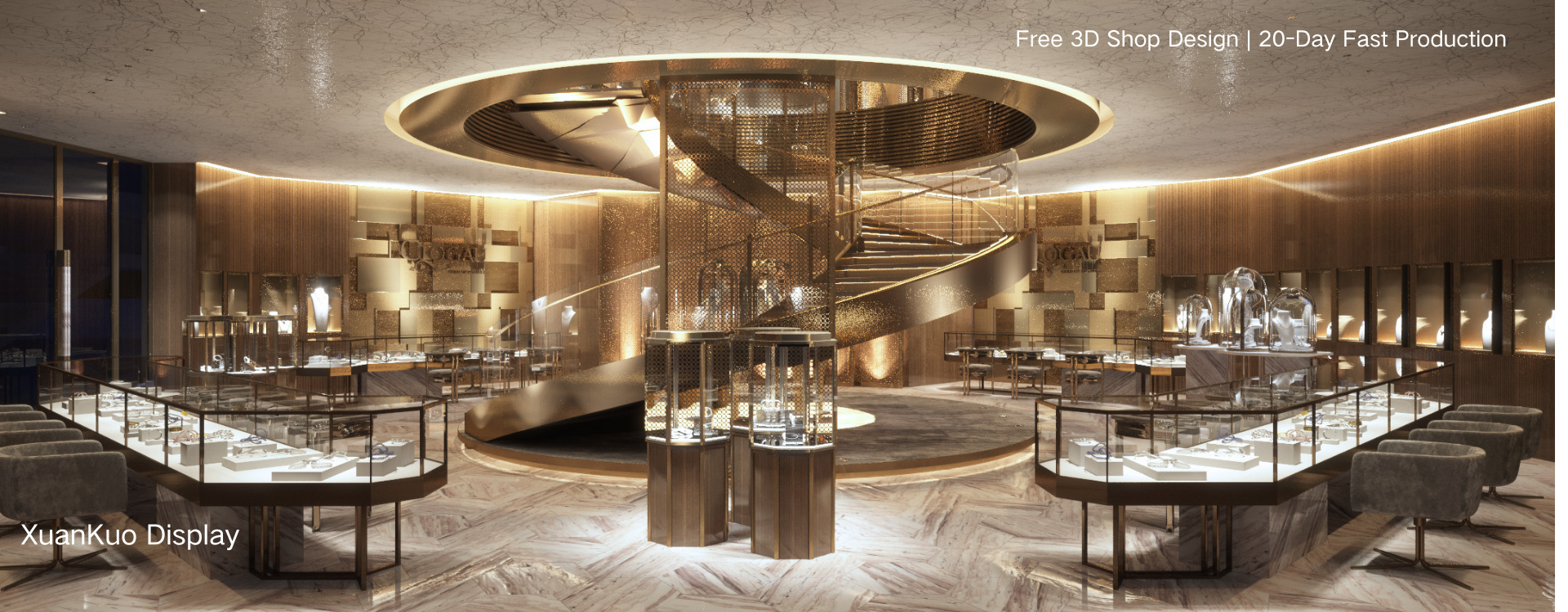 luxury jewelry store interior design, marble base glass jewelry display counters, hexagonal central tower showcase, brass wood backlit wall display cabinets, spiral metal staircase, complete premium jewellery retail furniture set