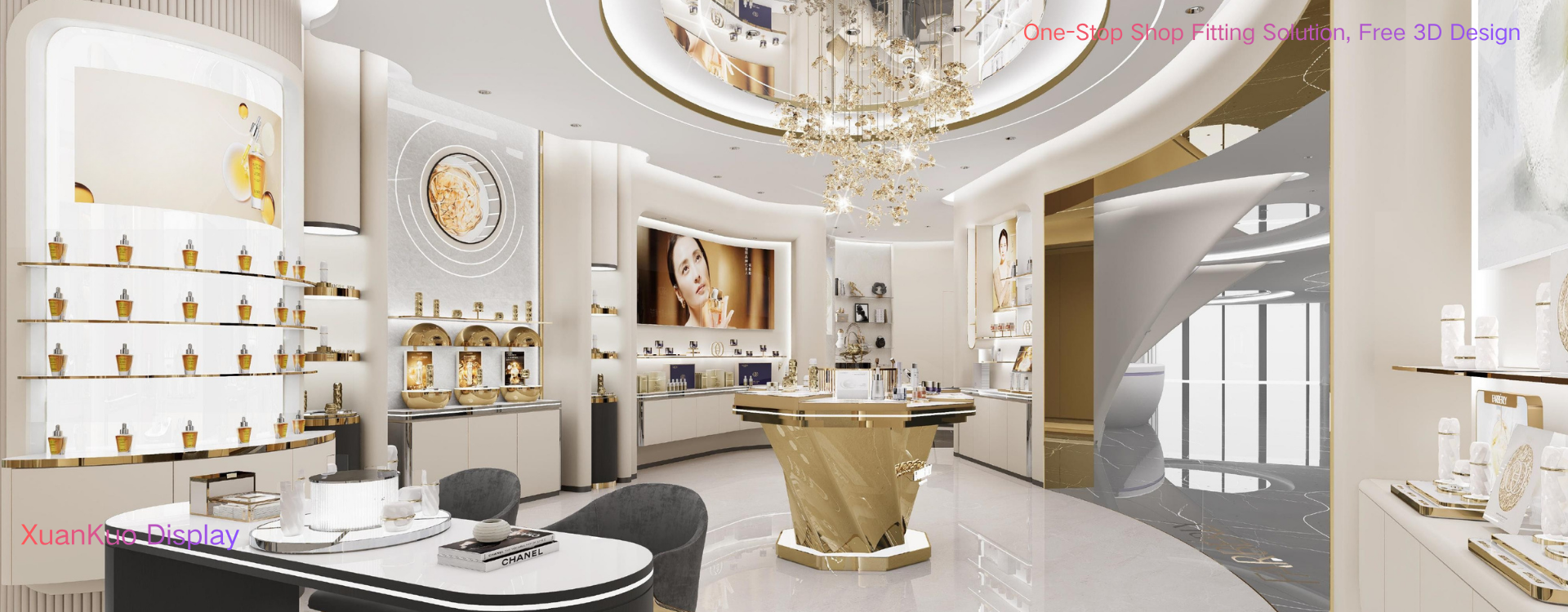 luxury cosmetics store interior design, matte white & gold cosmetic display wall with backlit floating shelves, geometric gold central skincare island counter, curved consultation table with seating, complete high-end beauty boutique furniture set