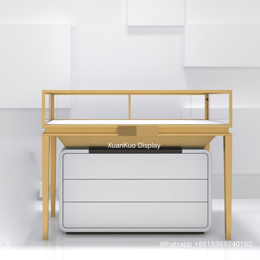 minimalist jewelry retail display fixtures, slim light gold metal frame tempered glass display showcase, detachable white multi-drawer storage chest, freestanding retail display case for rings, necklaces and jewellery boutique