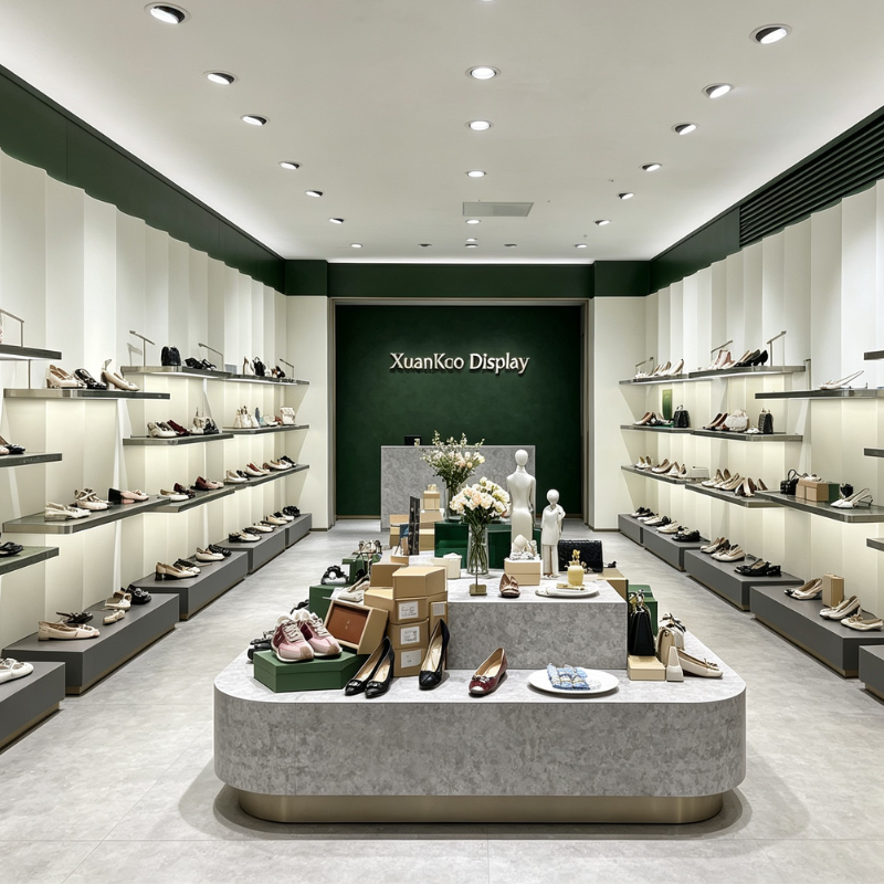 light luxury shoe shop furniture set, multi-tier floating metal wall display shelves, grey stone texture curved central shoe display island, gold trim base, complete retail fixture for women footwear and handbag boutique