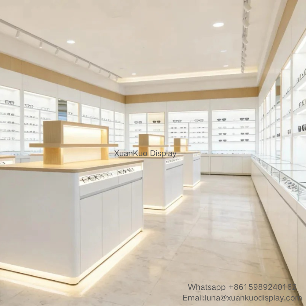light wood white optical shop furniture backlit glass wall cabinet tiered central display island mall