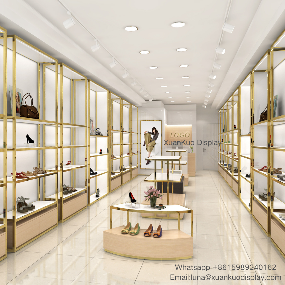 luxury shoe store display furniture set, modular white wall cabinets with polished gold metal frame, multi-layer shelves for shoes and handbags, light wood tiered central display tables, lockable drawer storage base for women footwear boutique