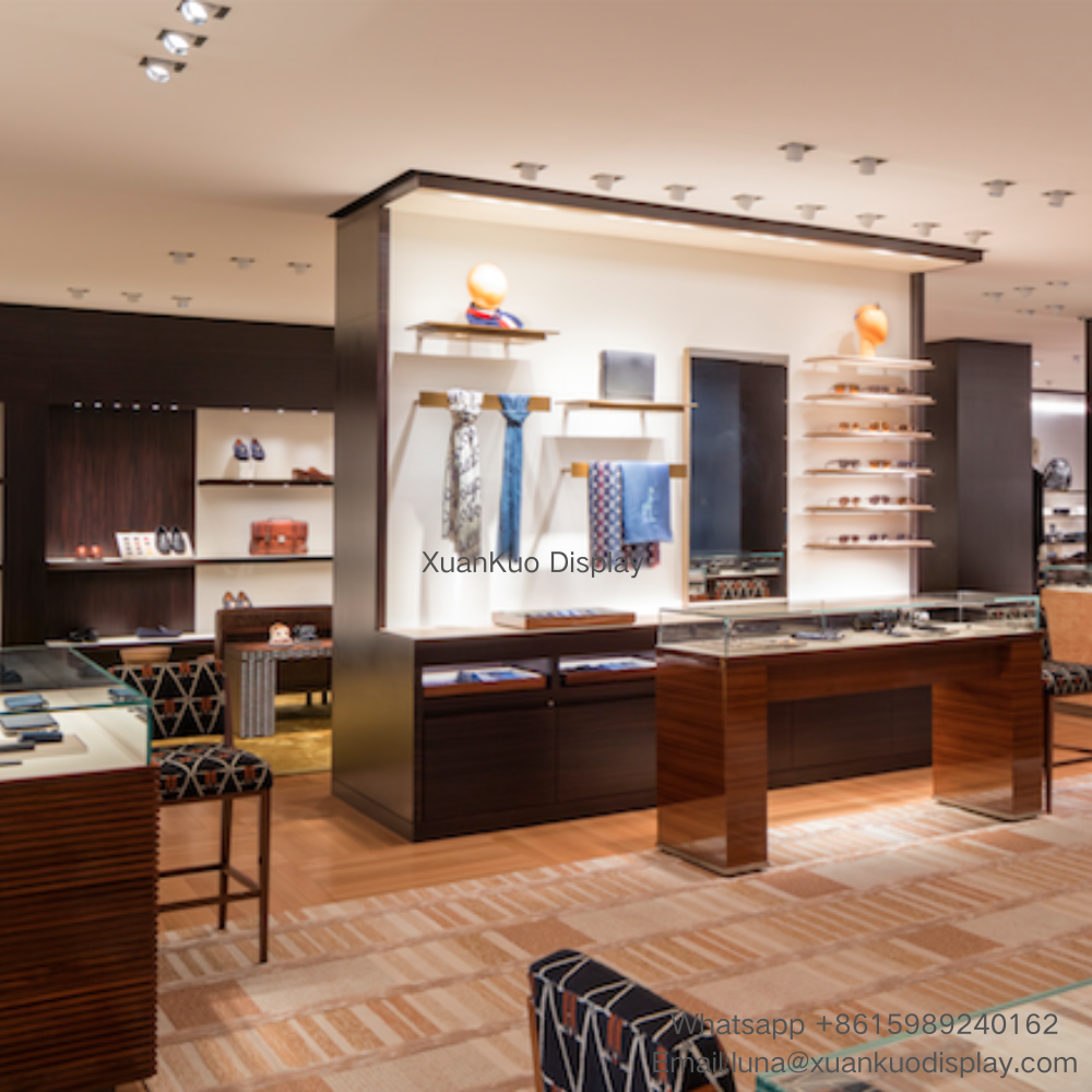 luxury men accessories store display furniture set, dark solid wood backlit wall display unit for ties, scarves and hats, glass top wooden display counter, lockable drawer storage base, complete display fixture for gentlemen fashion & leather goods boutique