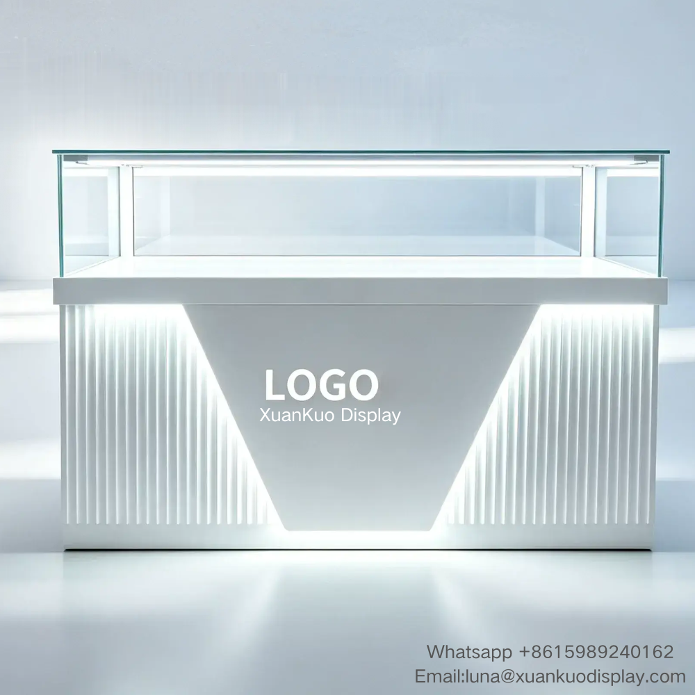 modern matte white glass display counter, vertical fluted slat panel, geometric recessed ambient LED lighting, tempered transparent glass upper showcase, reserved logo area, retail display showcase for jewelry, watches and fashion accessories boutique