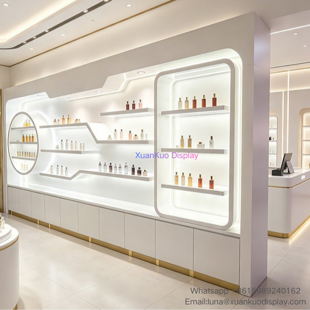 minimalist white luxury cosmetic display wall furniture for skincare boutique