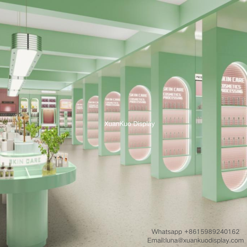 pastel mint green perfume display cabinet, oval arched recessed niche with back LED lighting, multi-layer slat shelves for perfume bottles, freestanding partition wall display unit, curved round central cosmetic display island for skincare & perfume boutique