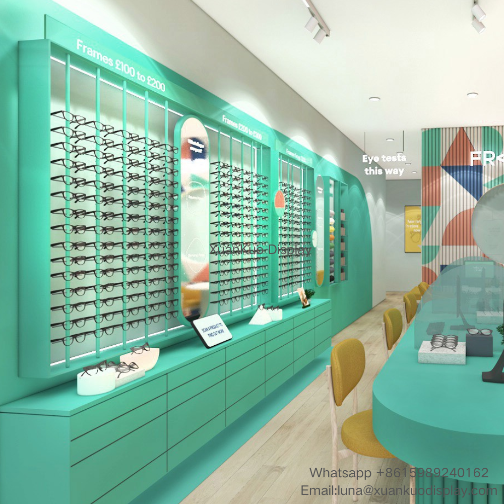 optical shop display furniture turquoise slotted wall cabinet