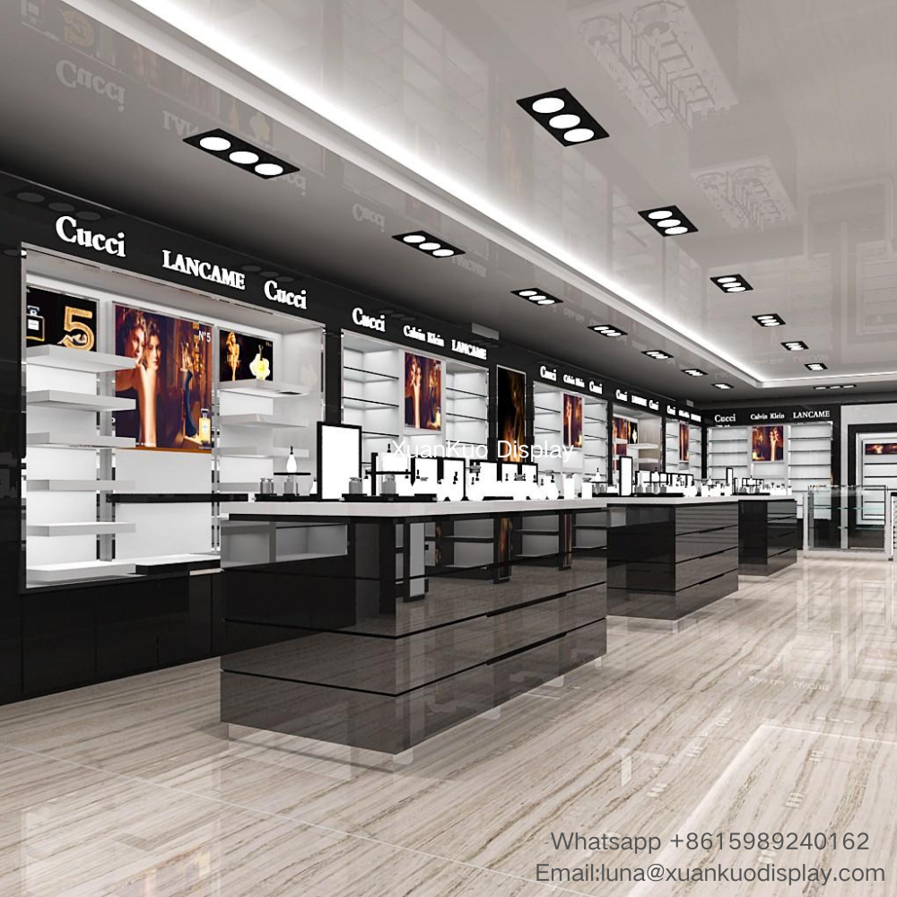 modern black & white luxury perfume store design, continuous brand backlit wall display cabinets with advertising screen, tiered multi-drawer central perfume display islands, minimalist high-end interior layout for fragrance & cosmetic retail boutique