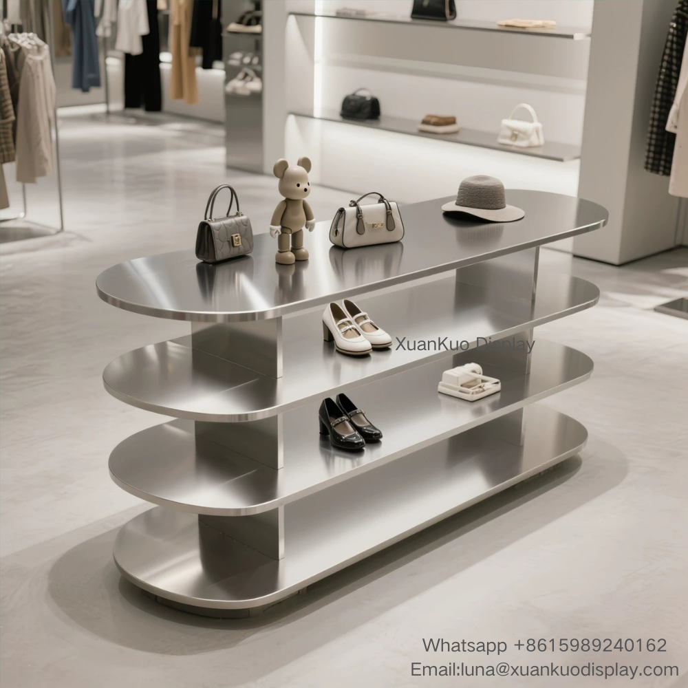 minimalist brushed stainless steel display table, four-tier oval layered structure, freestanding central island stand, multi-level shelves for shoes, handbags and accessories, modern silver metal display furniture for fashion apparel boutique