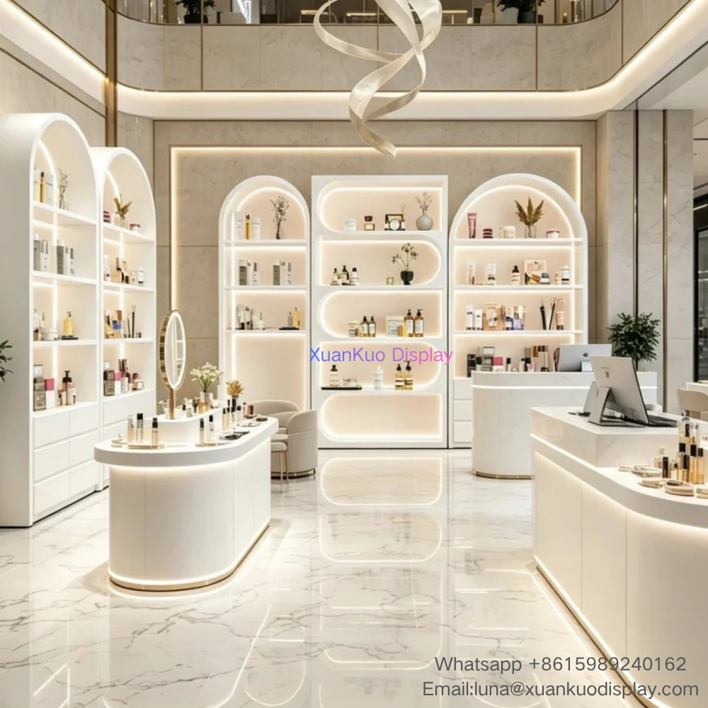 luxury white cosmetic shop furniture set, arched backlit wall display cabinets with multi-layer shelves, curved gold trim central makeup display island, rounded reception counter, seating consultation zone for skincare, perfume & beauty boutique