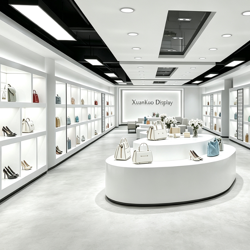 Modern minimalist footwear retail complete display solution. Continuous wall-mounted shoes display cabinet adopts uniform embedded backlight cubby niche design, classified display for high heels, flat shoes, handbags and leather accessories. Smooth curved oval central display island sits in the store aisle, used for featured new arrivals. Pure white matte panel creates clean high-end visual effect, built-in soft LED lighting to highlight leather texture. Suitable for women shoe stores, handbag boutiques, leather goods retail shops and brand showroom.