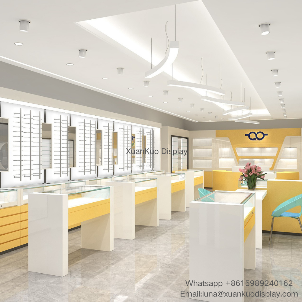 Fresh minimalist optical store interior solution adopting white and warm yellow color scheme. Continuous vertical slotted wall display racks on one side for hanging optical frames and sunglasses, multi-layer drawers below for accessory storage. Multiple independent glass-top central display islands arranged in walking path for customers to try frames. The back of store is equipped with luminous brand logo background wall, matching consultation service desk. Bright overall tone creates clean, comfortable shopping atmosphere, ideal for community and street optical shops.