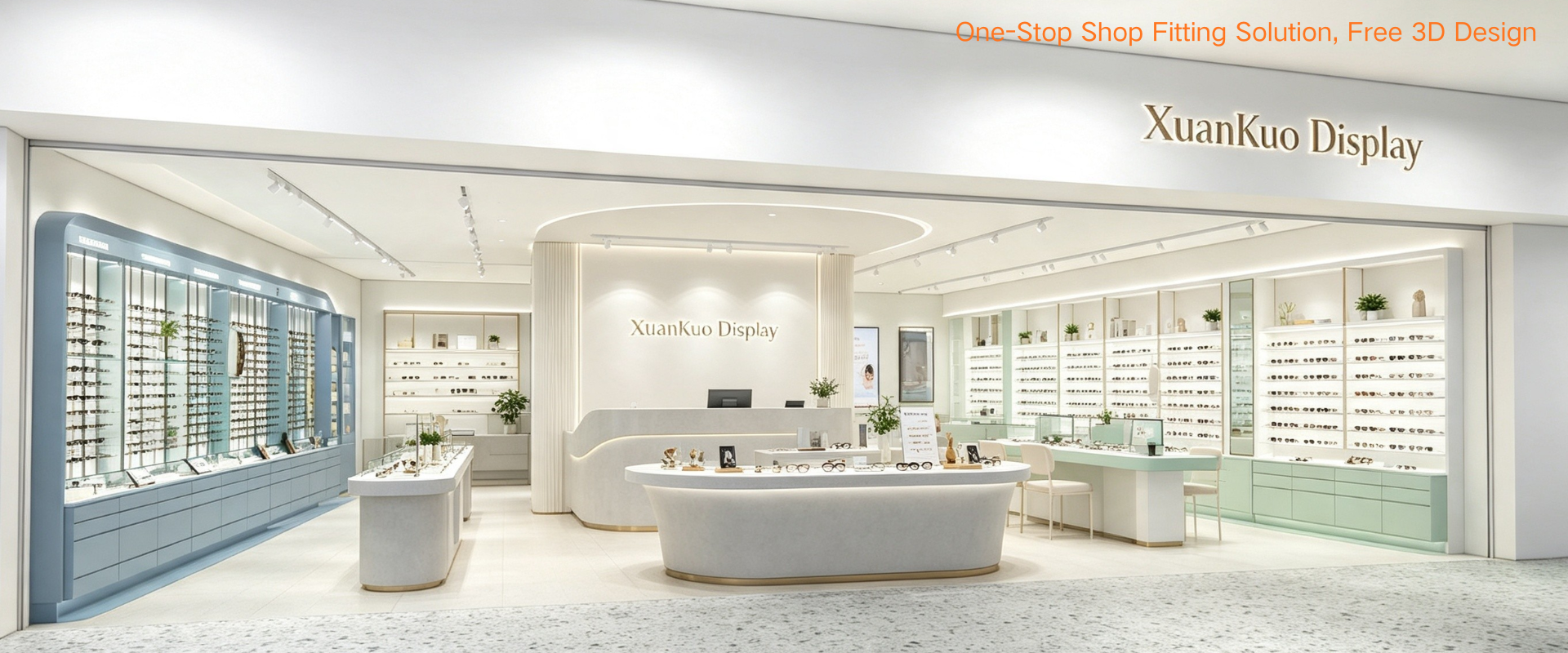 XuanKuo Display modern optical display cabinet set, pastel blue & mint green glass eyewear wall cabinets, curved central display counter, LED lighting, complete furniture solution for optical eyewear shop