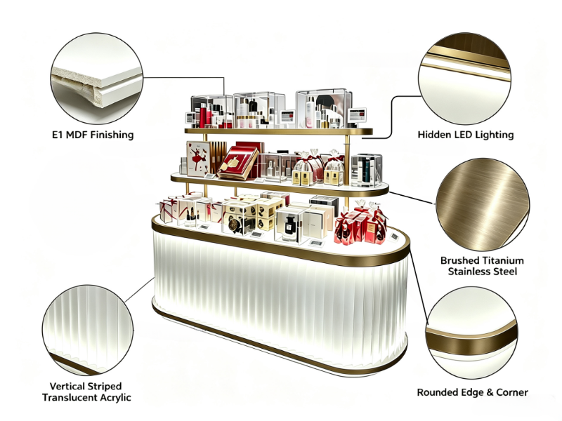 Jewelry 20260503 3 tier curved cosmetic island display counter brushed titanium steel frame led acrylic base product diagram hd 4k