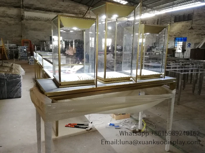 Jewelry Showcases - Three Square Vertical Gold Frame LED Glass Display Table jewelry showcases three square vertical gold frame led glass display table (2)