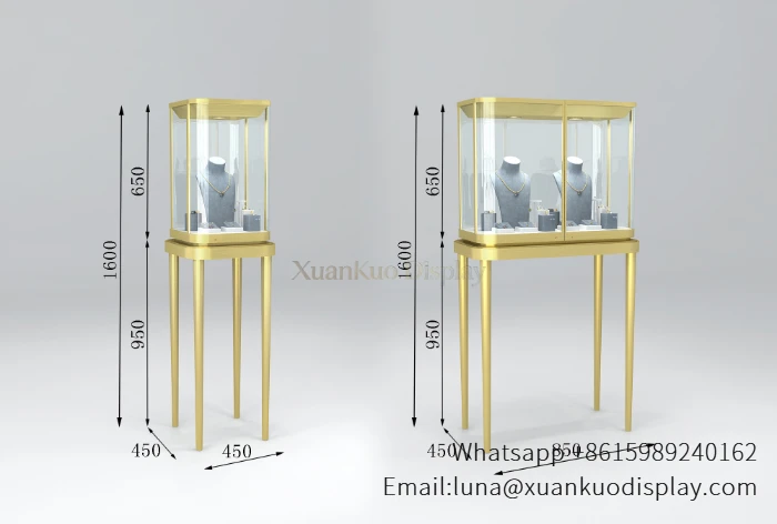 brushed gold pedestal store display cases rectangular glass jewelry showcase with necklace busts
