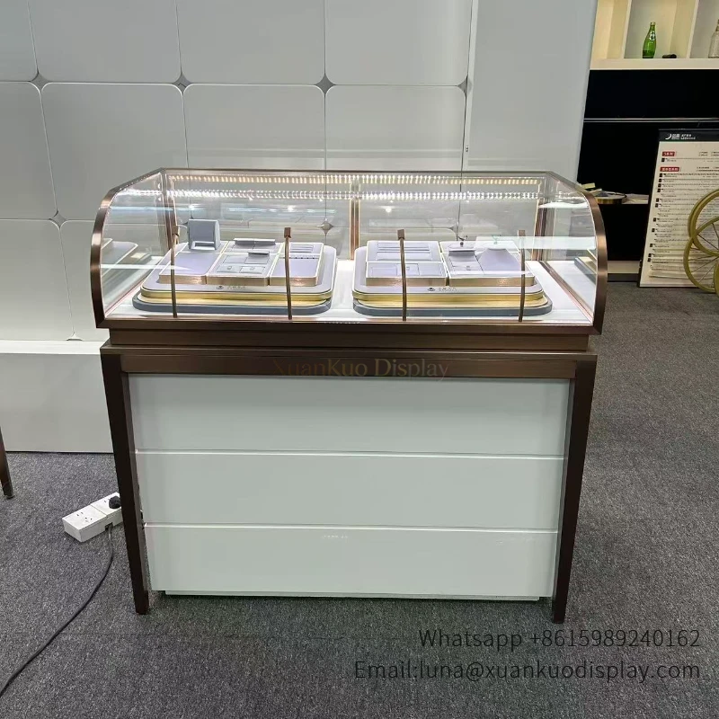 jewellery shop interior design Vietnam curved top bronze frame jewelry display counter with led light
