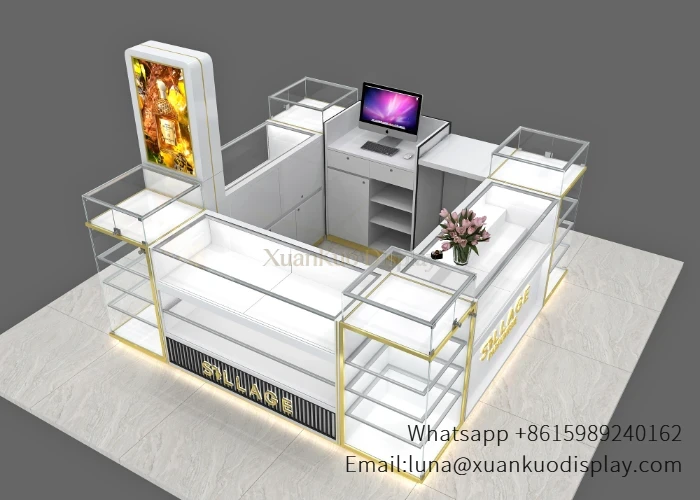  Custom white gold jewelry mall kiosk with LED light, tempered glass display counter for shopping mall jewelry retail