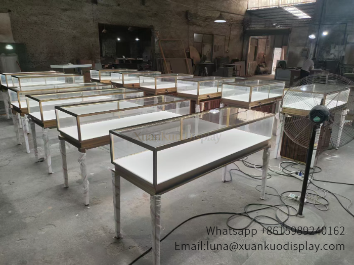 glass jewellery display cabinets factory batch stainless steel jewelry showcase glass top led light wood storage base bulk order