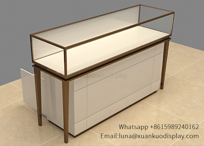 Gold Frame Rectangular Glass Showcase With Drawer Storage For Jewelry