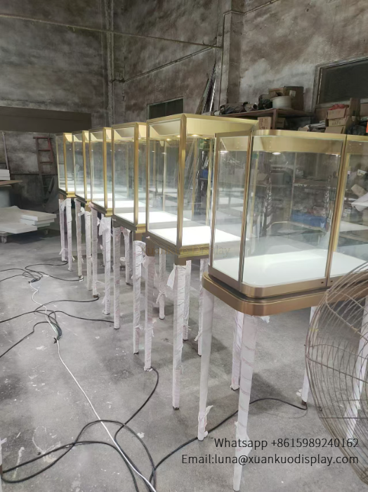 Store Display Cases Custom Gold LED Glass Jewelry Showcase For Luxury Boutique Retail Shop