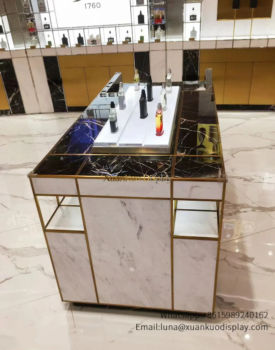high end perfume cosmetics display showcase marble retail counter for beauty shop