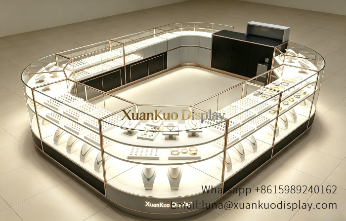 Jewelry Kiosk Design Glass Display Booth For Shopping Mall