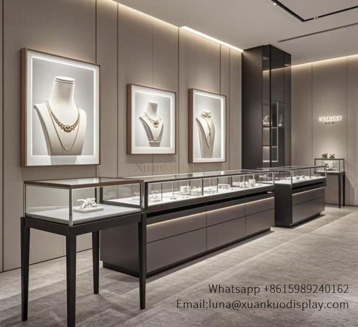 Luxury Jewelry Shop Interior Design With Full Set Glass Display Furniture & Wall Light Decor luxury jewelry shop interior design full set glass display cabinets wall jewelry light box decoration