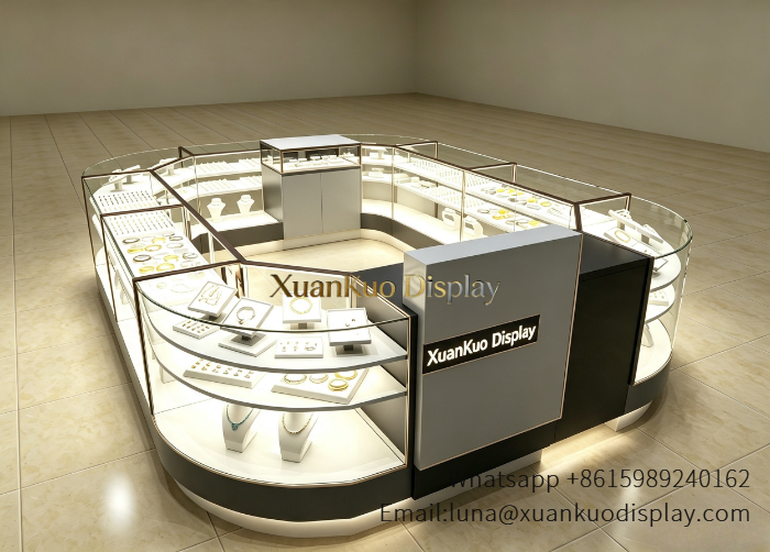 luxury mall jewelry kiosk curved glass jewellery display stall design