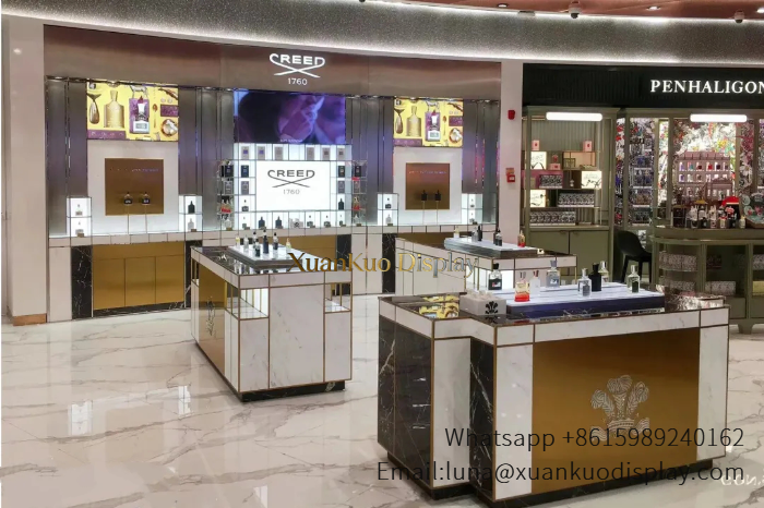 luxury marble gold frame cosmetics display showcase perfume boutique wall glass display cabinet mall