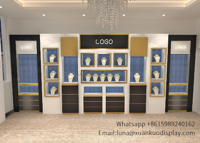 luxury wall mounted display shelf jewelry back wall cabinet with gold frame blue velvet inserts custom logo panel