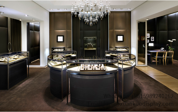 modern luxury jewelry store design with curved watch display cabinets elegant interior layout