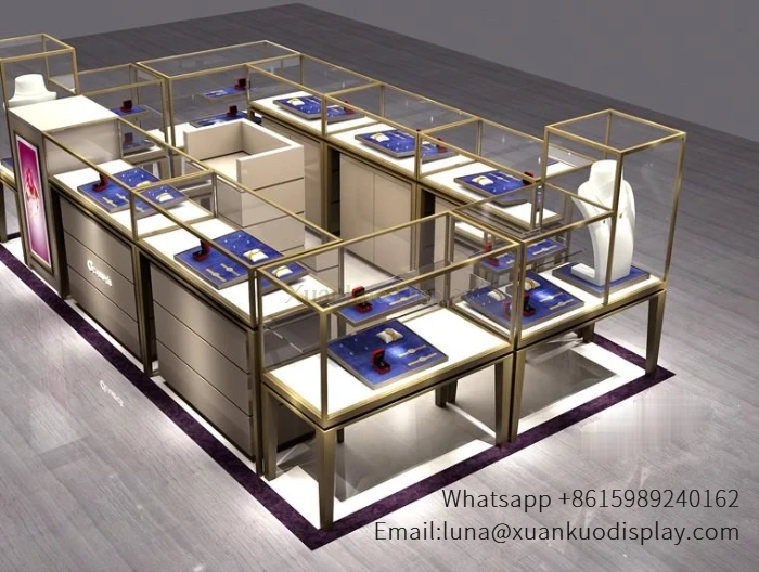 Mall Kiosk – Luxury Modular Gold Frame Jewelry Display Kiosk For Shopping Centre