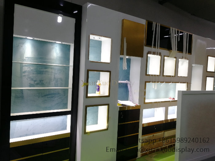 modular wall mounted display shelf jewelry showroom wall display unit with lock storage drawers