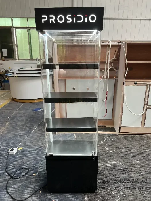 Jewelry Showcase Tall Vertical Black Acrylic Display Stand With Backlit Logo & Lock Storage Cabinet
