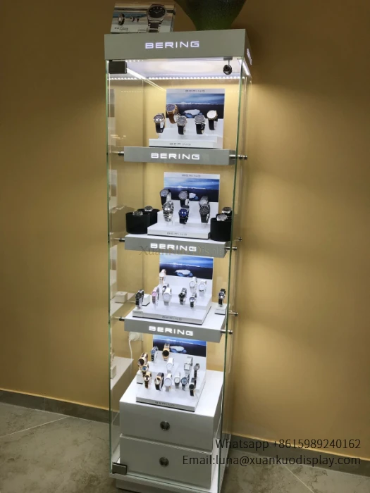Jewelry Display Case - Tall Vertical Freestanding Glass Watch Showcase With LED Light & Storage Drawers tall floor standing glass jewelry display case with led light brand logo for watch shop