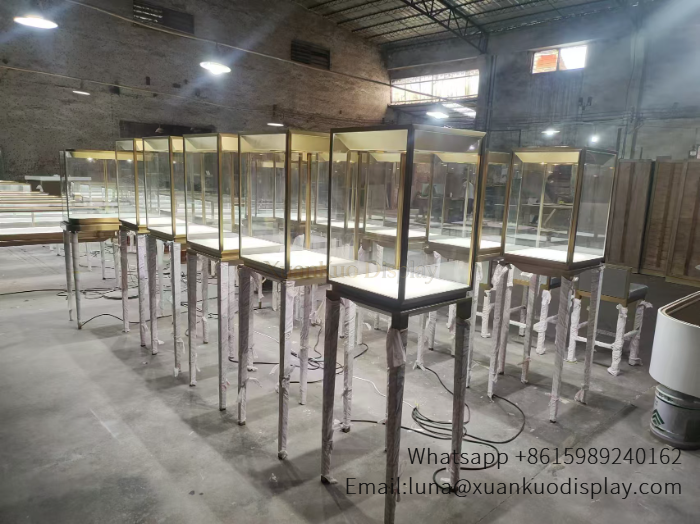 tall gold metal frame wholesale jewelry display cases single glass box with stand leg (2)
