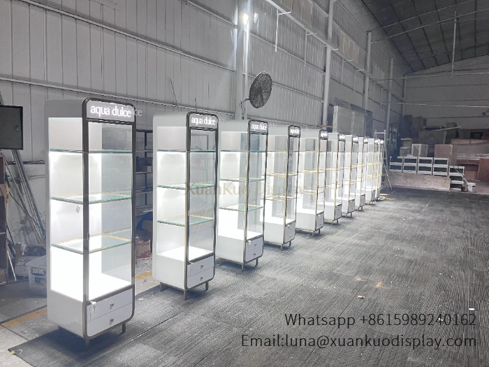 Glass Display Cabinet – Slim Vertical Gold Frame Freestanding Showcase With LED Light & Storage Drawers