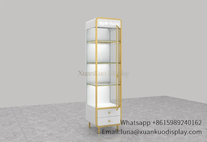tall slim gold frame glass display cabinet with led shelves brand logo and bottom drawers