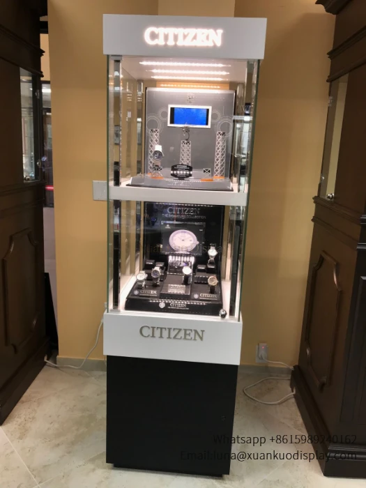 Custom Display Furniture Tall Two-Tier Glass Watch Showcase With Backlit Brand Logo & LED Light