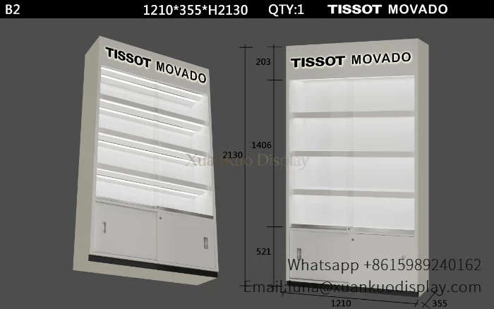 tall white wooden jewelry display cabinet with led shelves brand logo top.