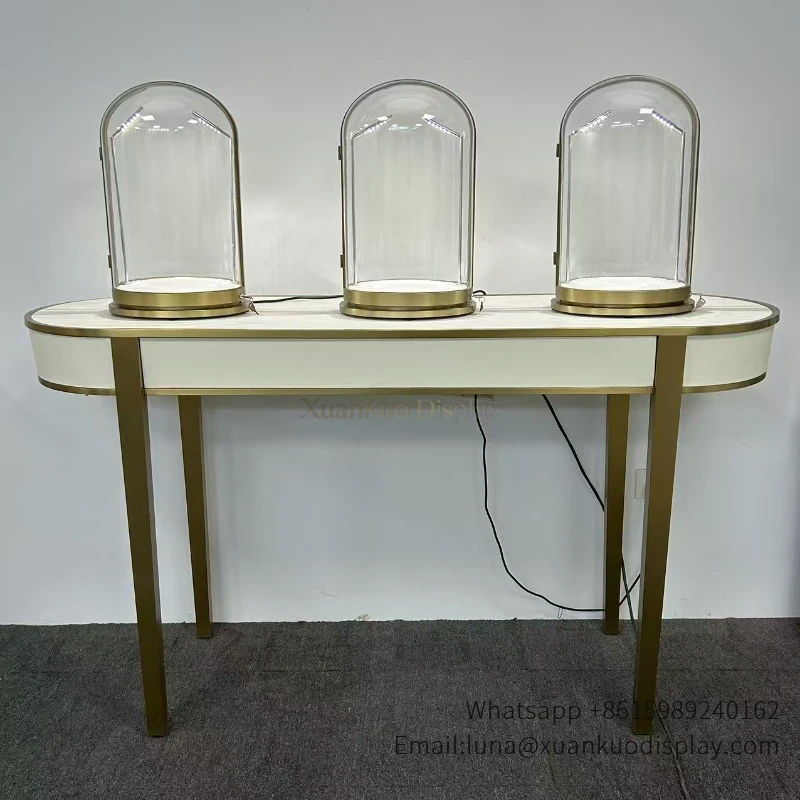 Custom Jewellery Display Fixture – Triple Arched Dome Gold Frame LED Display Table