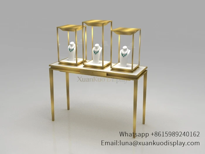 Jewelry Showcases - Three Square Vertical Gold Frame LED Glass Display Table three square gold frame jewelry showcases with led light console table.webp (2)