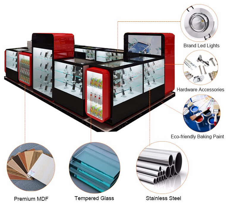 Jewelry 20260503 Custom red black jewelry mall kiosk display counter with LED light, made of MDF, tempered glass, stainless steel, eco paint and hardware accessories, retail jewelry showcase for shopping mall