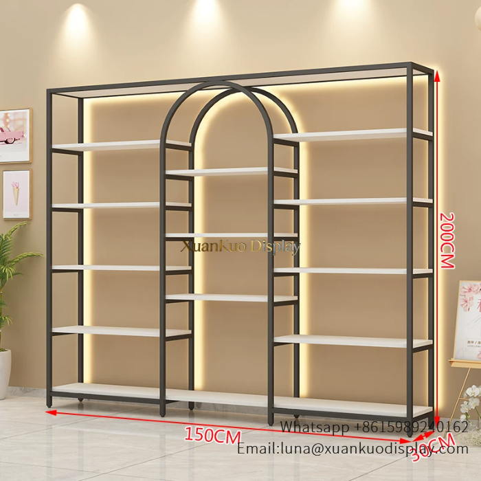 Beauty Salon Product Display Gold Arched LED Storage Shelf Fixture For Spa & Skincare Salon beauty salon product display gold arched shelf